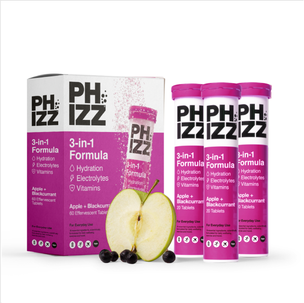 Phizz Apple & Blackcurrant 3-in-1 Hydration, Electrolytes and Vitamins Effervescent Multi-pack, 60 Tablets For Sale